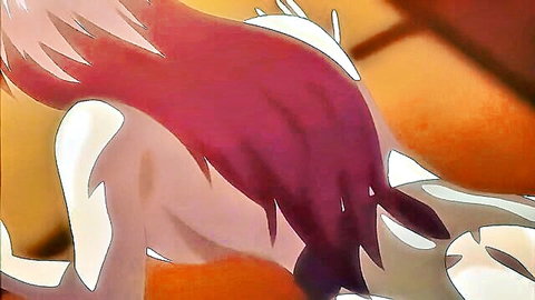 Hentai fox girl with red fluffy tail bent over exposing wet pink pussy and ass from behind