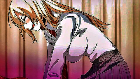 Blonde anime schoolgirl in tight uniform bending over seductively
