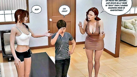 Redhead babes in tight outfits tease young boy in Badboss hentai scene