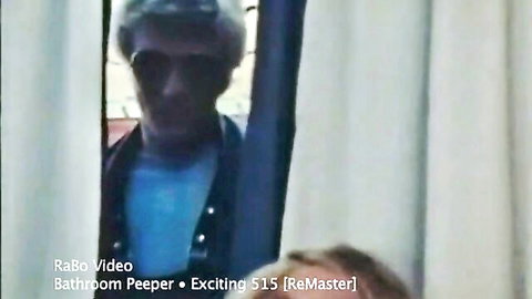 Retro bathroom peeper voyeur scene from Pussycat Film 504, man spying through curtain