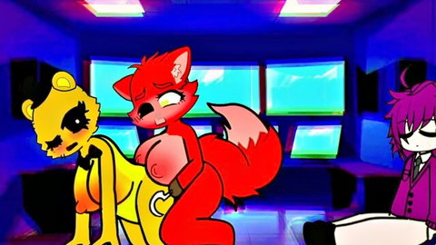 Golden Freddy groping busty Foxy futa in explicit furry threesome scene