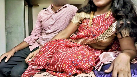 Desi babe Ashu in revealing red saree showing big tits with man