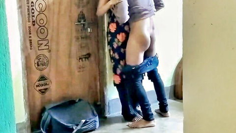Indian babe bent over doggy style pants down exposing bare ass as guy grabs hips to fuck