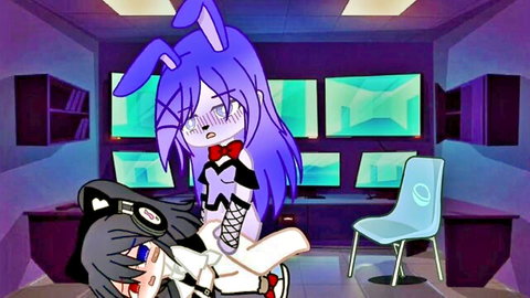 Anime bunny girl in fishnets dominates black-haired headphone girl in FNAF scene