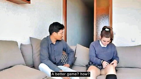 Stepdad teaches teen stepdaughter on couch in school uniform skirt