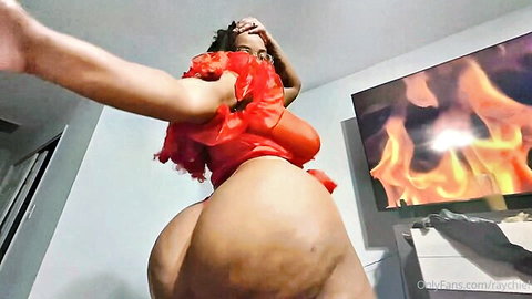 Raychiel showing off her massive ebony ass in red ruffled dress