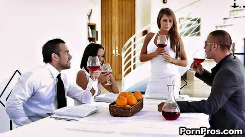 Dillion Harper & Madison Ivy in elegant wife swap orgy setup, wine at dinner