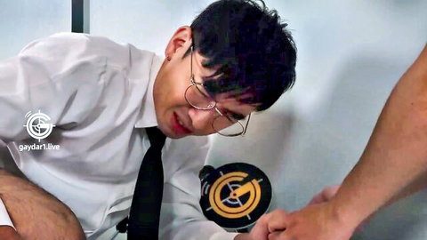 Asian twink in glasses and suit teases in intense gay orgy with anal and cumshots