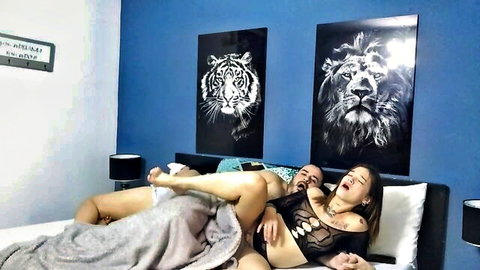 Latina in black lingerie spreads legs for creampie from wife's friend
