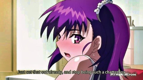 Blushing purple-haired anime girl Risa in white dress, embarrassed expression