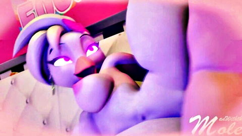 Glamrock Chica FNAF animated tease, topless curvy furry with purple hair