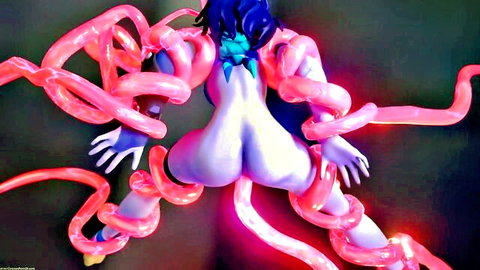 Widowmaker blue skin tentacle bondage hentai, pink tentacles wrapping nude ass and limbs