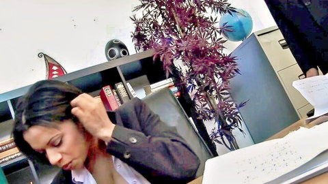 Brunette Latina in office threesome with suited men