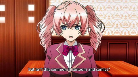 Surprised pink-haired anime schoolgirl in tight uniform from Kutsujoku 2