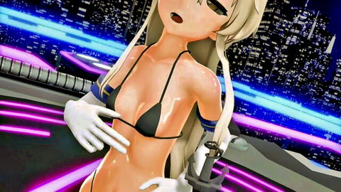 Petite blonde anime babe in wet black bikini top poses seductively with katana, oiled tits glistening in neon city