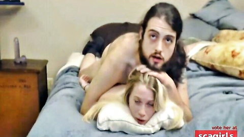 Long-haired man pounding blonde woman doggy style kinky sex