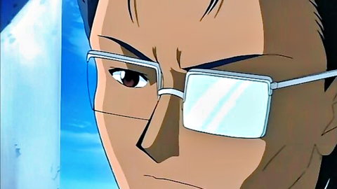 Intense close-up of anime Japanese man with glasses, dark hair, in JAV style