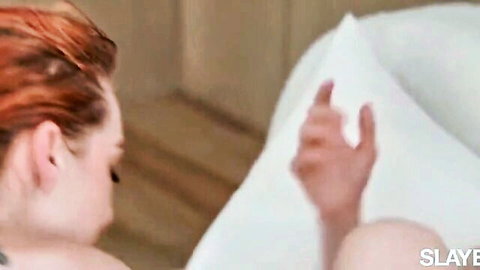 Fit redhead in black top teases on bed in Slayed lesbian squirt scene
