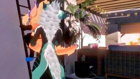 Sexy anthropomorphic orange fox furry climbs ladder showing fluffy tail and ass in green thong on tropical patio