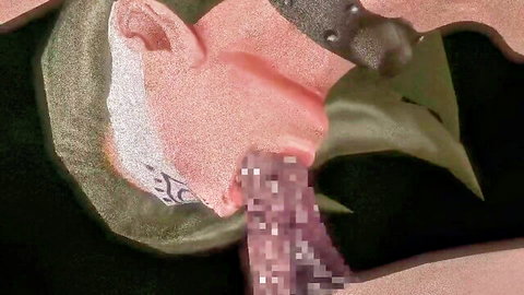 Green-skinned elf goddess with white hair sucking purple dildo in lewd fantasy scene