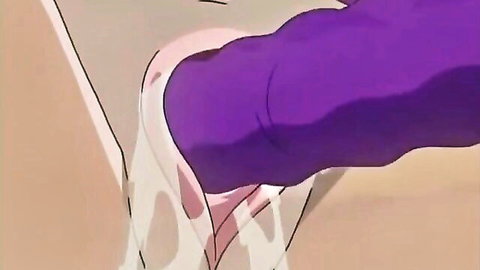 Hentai anime closeup of thick purple dildo penetrating wet pink pussy with cream dripping