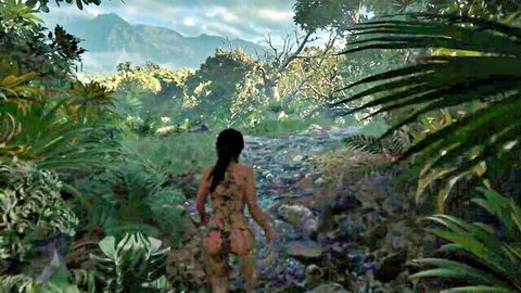 Nude jungle babe with leaf body paint walks away showing big ass in lush forest
