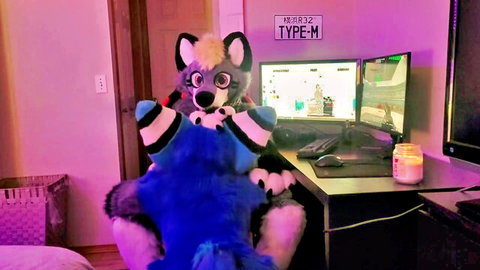 Blue furry gamer wolf in fursuit at desk, playful pose for furry porn fans