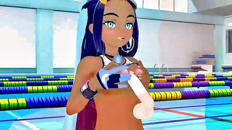 3D Pokemon Nessa poolside dildo tease in swimsuit