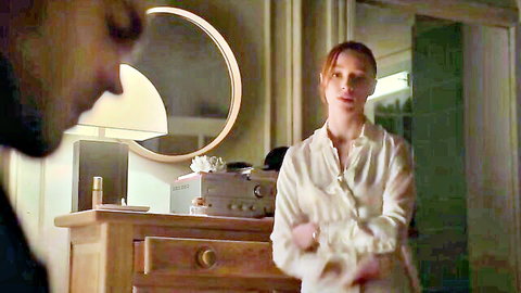 Phoebe Dynevor in sexy open white blouse, Fair Play 2023 hot scene