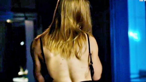 Blonde actress Ellen Helinder bare back in backless black dress, Exit series nude scene