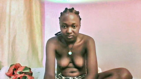 Slim_Curvy petite ebony model topless with big tits and braids