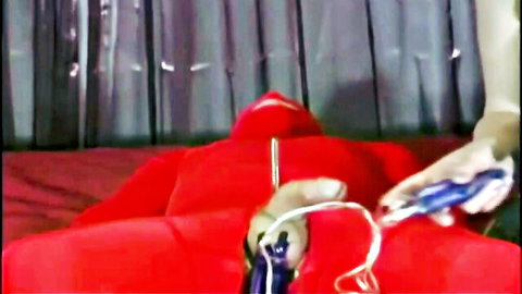 Red inflatable suit fetish doll with toy penetration climax