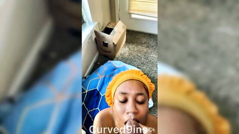 Seductive ebony babe in yellow durag puckers plump lips for cock sucking tease