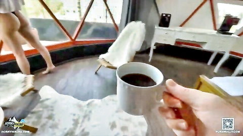 POV of curvy blonde's big bare ass and pussy walking nude in dome room holding coffee mug