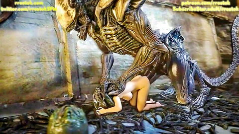 Nude blonde woman on knees grabbed by xenomorph alien monster in dark hive with eggs