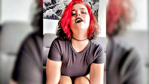 Seductive goth mommy with red hair and choker in grey top for JOI