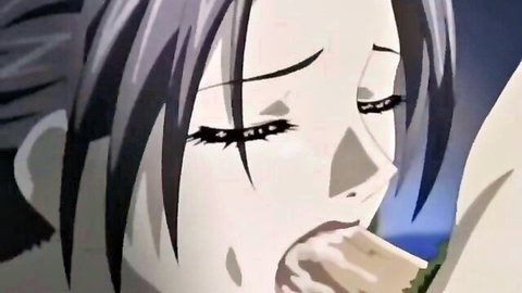 Anime milf with purple hair eagerly sucking cock in gangbang