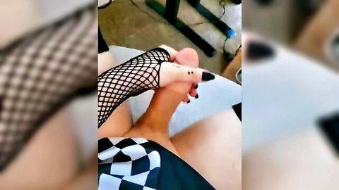 Queenie Steph teases in fishnet stockings and heels, POV foot fetish