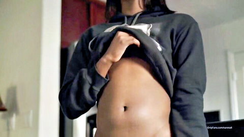 Chubby ebony babe lifting open hoodie flashing soft belly and navel tease