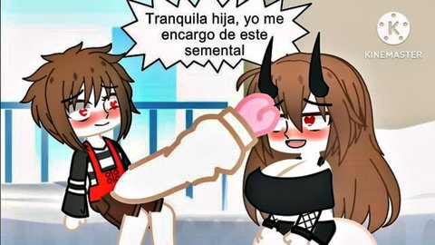 Cartoon short-haired brunette teen maid grips massive veiny cock as busty demon MILF smiles hungrily