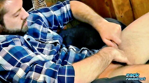Bearded Jason masturbates solo, flaunting tattoo in plaid shirt