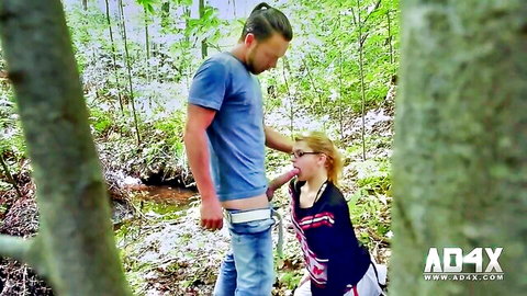 Laura Lacasse blonde giving outdoor blowjob in forest woods