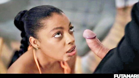 Ebony hentai babe shocked as huge purple futanari cockhead touches her open lips