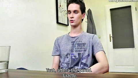Young slim Caucasian man in gray t-shirt discussing trial period