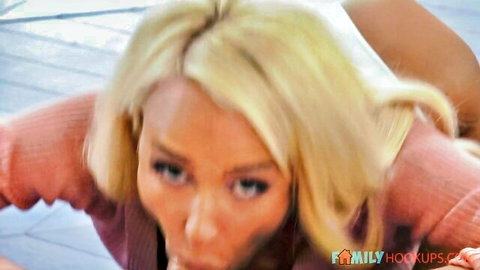 Emma Hix blonde in sensual family touch, intense expression in pink sweater