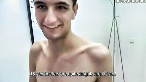 Young smiling shirtless man in bathroom, 15cm alright text overlay