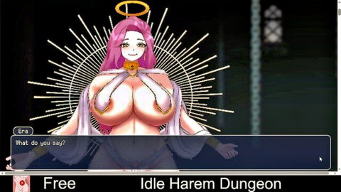 Busty pink-haired anime angel Era exposing huge tits in erotic harem game