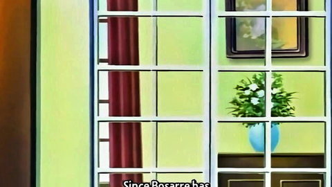 Anime indoor scene with window, red curtain, and white flowers in blue vase from Legend of the Black Eye Ep.2