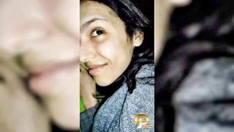 Colombian busty teen amateur smiling close-up in gray sweater