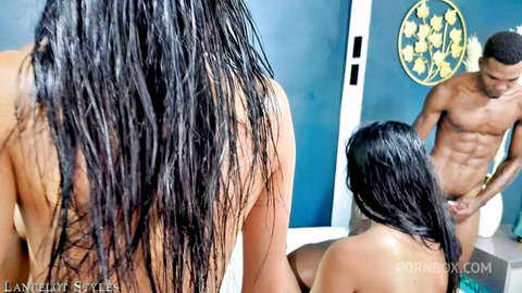 Belinda Pink wet hair DAP threesome with black stud and Celeste Ghill